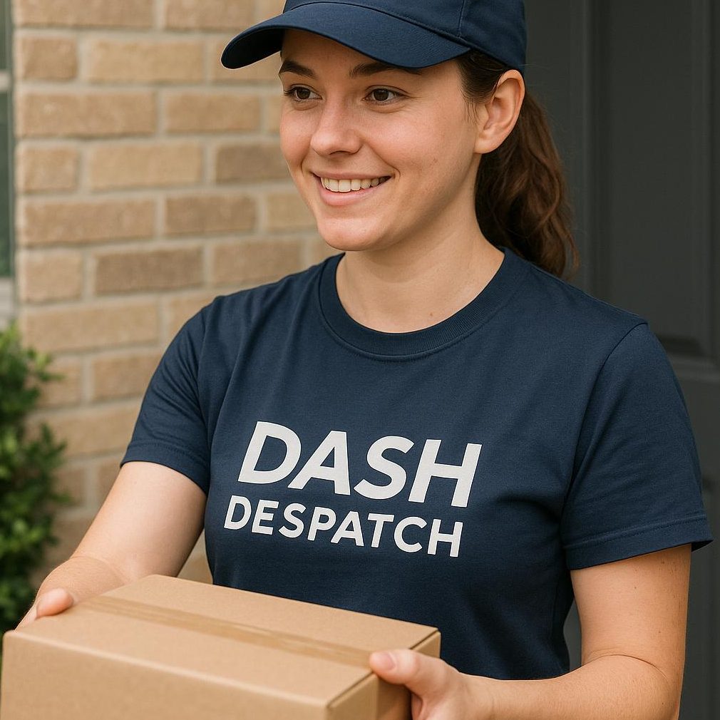 Dash Despatch courier A woman in a cap and t-shirt holds a package, smiling at the doorway.