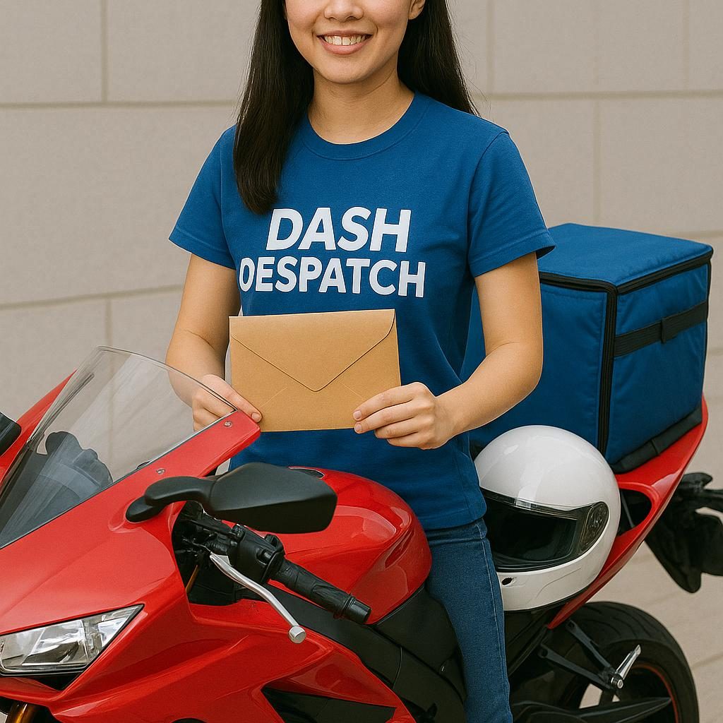 Dash Despatch Bike courier Young woman in a blue Dash Despatch shirt holding an envelope, standing by a red motorcycle.