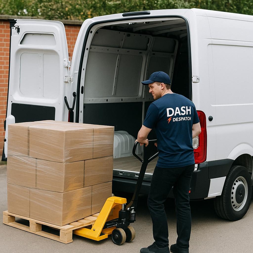 Dash Despatch van A person using a pallet jack to move stacked boxes from a van.